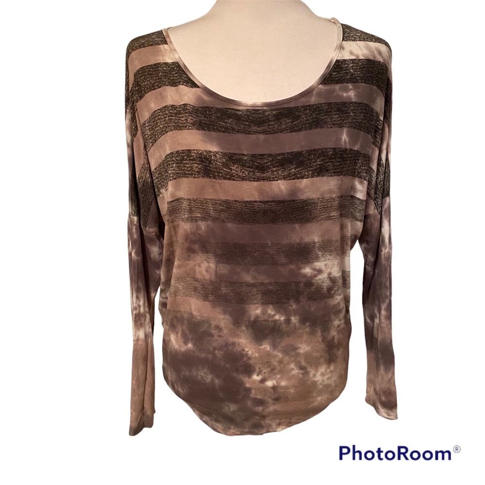 GYPSY DAISY TOP TEE LONG SLEEVE SCOOP NECK GRAY BLACK WHITE TIE DYE STRIPE Sz S
